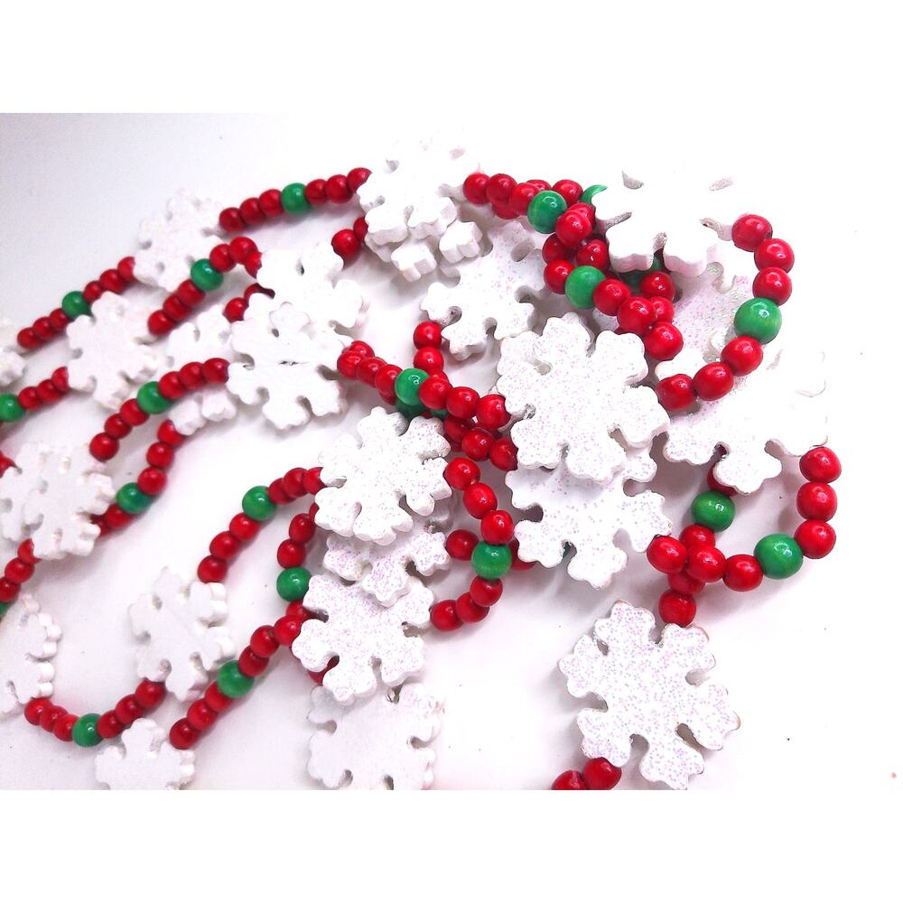 Vtg Merry Brite Christmas 9 Ft Wood Bead Garland White Snowflake Holiday